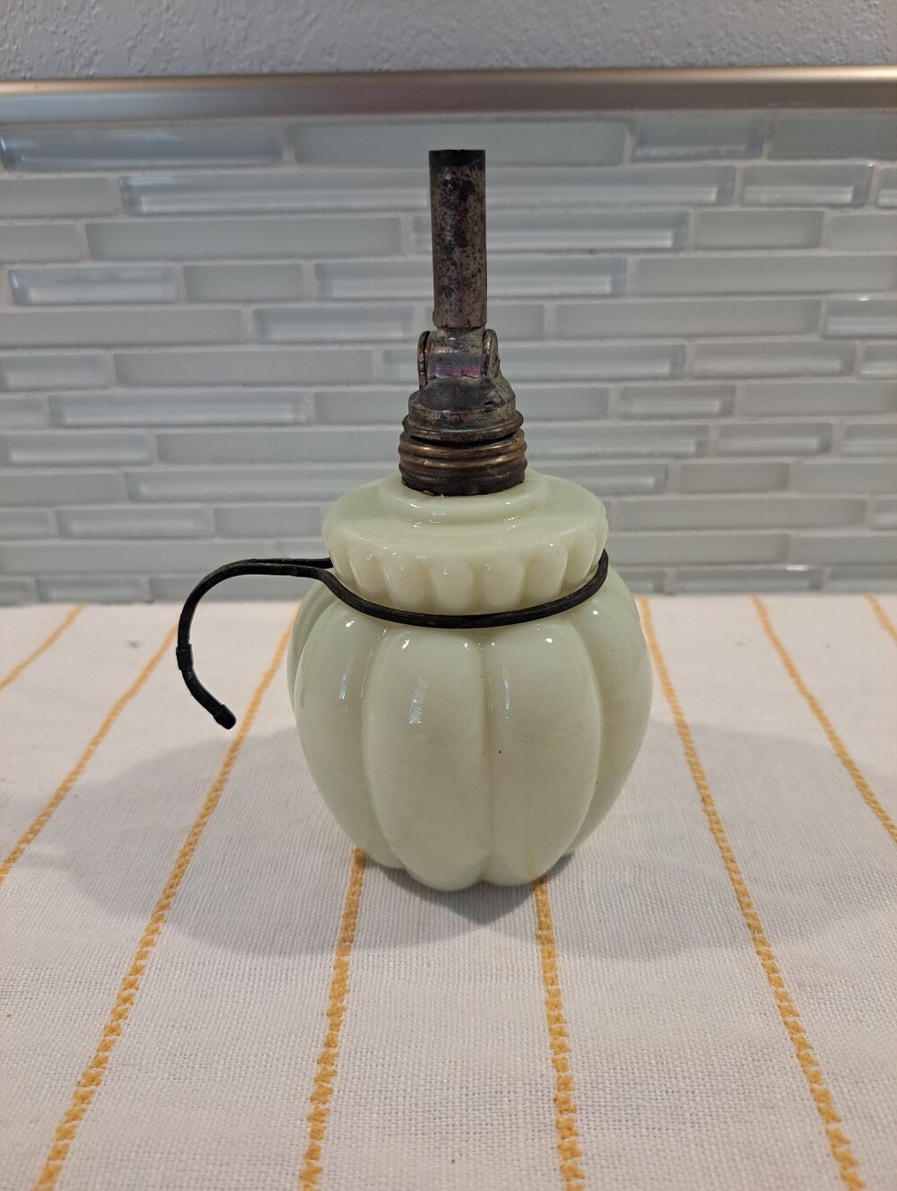 Antique Custard Glass Melon Shaped Miniature Oil Lamp Victorian